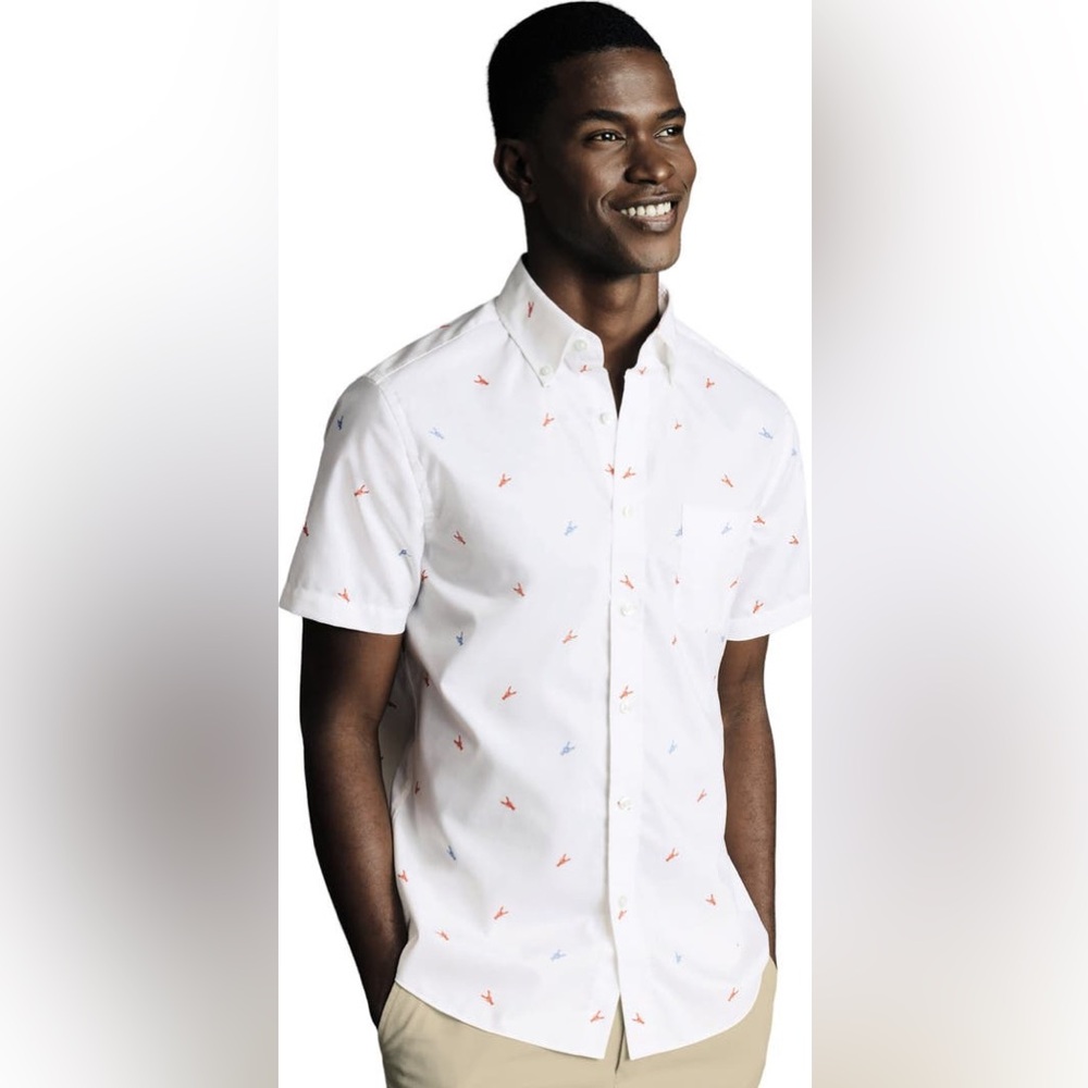 Slim Fit Multi Button-Down Collar Non-Iron Lobster Print Short Sleeve Shirt Med